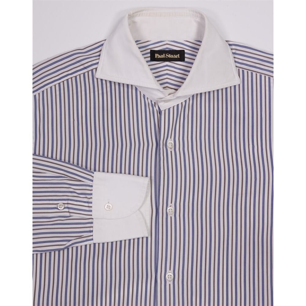 Paul Stuart White Blue Blue Striped Slim Cutaway Collar Dress Shirt (38) 15-32